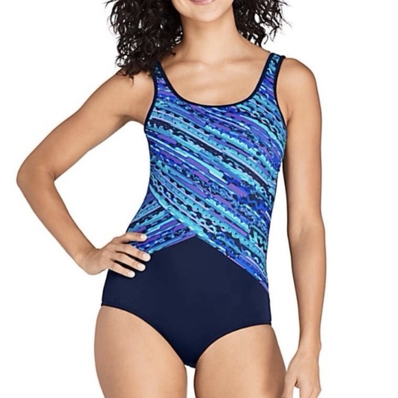 Lands' End Other - Lands End Aqua Navy Blue One Piece Soft Cup Tugless Sporty Swimsuit Size 14